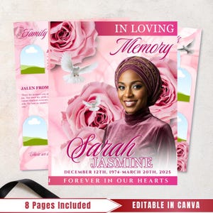 Pink Roses Funeral Program Template: 8-Page Memorial, Celebration of Life (Canva, PDF Download)