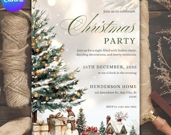 Op de afbeelding: Kerstfeest uitnodiging met een aquarel illustratie van een versierde kerstboom, cadeaus en een sneeuwpop. De uitnodiging bevat de tekst "Christmas Party" en evenement details. Het ontwerp heeft een feestelijk, winter thema.