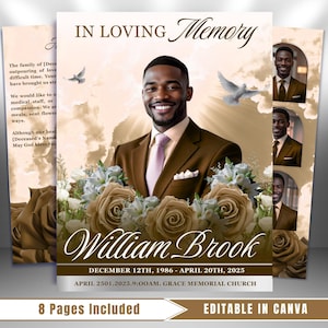 May include: A memorial card with the text "IN LOVING Memory" and the name "William Brook". The card features a portrait of a smiling man in a brown suit, surrounded by flowers and doves. The dates "DECEMBER 12TH, 1986 - APRIL 20TH, 2025" are also included.