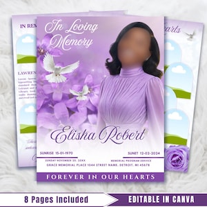 Purple Roses Funeral Program Template: 8-Page Memorial, Celebration of Life (Canva, Digital Download)
