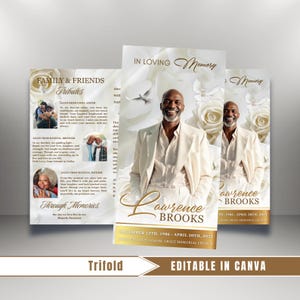 Könnte beinhalten: Eine dreifach gefaltete Gedenkkarte mit einem Foto eines Mannes in einem cremefarbenen Anzug. Die Karte trägt die Aufschrift "In Loving Memory" und "Lawrence Brooks". Daten und ein Kirchenname sind ebenfalls vorhanden. Weiße Rosen und Tauben sind ebenfalls abgebildet.