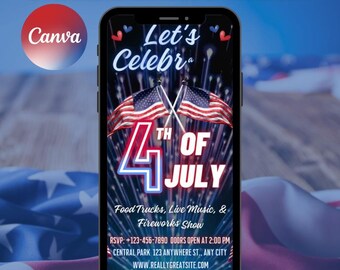 May include: A digital animated invitation for the 4th of July, featuring the text "Let's Celebrate" and "4th of July" with American flags and fireworks. The invitation includes details for food trucks, live music, and a fireworks show.