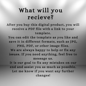 May include: Text on a gradient background reads "What will you recieve?" followed by details about a digital product, including a PDF file with a template link, editable formats like JPG and PNG, and customer support information.