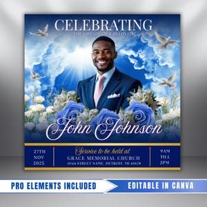 Può includere: Un annuncio commemorativo con un design blu e oro. L'immagine presenta un uomo sorridente in giacca e cravatta, circondato da fiori e colombe. Il testo include "Celebrando la vita del nostro amato" e "John Johnson."