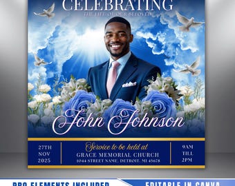 ブルーローズ葬儀案内チラシ：人生の祝福（Canvaテンプレート、デジタルダウンロード）