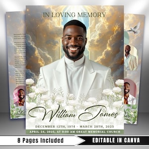 8 Page White Funeral Program, 17&quot; x 11&quot; Obituary Program Template, Memorial Program, Celebration Of Life Program In Loving Memory