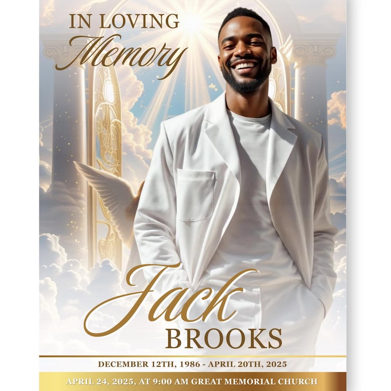 May include: A memorial card with the text "In Loving Memory" and the name "Jack Brooks" in elegant script. The background features a celestial scene with clouds, columns, and a smiling man in a white suit. Dates of birth and death are included.