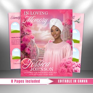 Pink Roses Funeral Program Template: 8-Page Celebration of Life (Canva, PDF Download)
