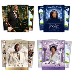 May include: Four funeral program templates featuring portraits of individuals, floral accents, and text including A Celebration of Life, Celebrating A Beautiful Life, and In Loving Memory, with placeholders for names, dates, and service details.