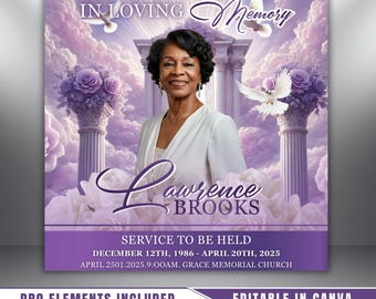 Volante de anuncio de funeral de Purple Rose: Celebración de la vida (Plantilla de Canva, descarga digital)