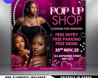 May include: A magenta promotional graphic for a pop-up shop, with the words "Pop Up Shop" in white. It features images of women, hearts, and roses. The text includes "Free Entry, Free Parking, Free Drink" and the date, 25th November.