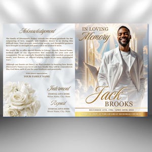 May include: A memorial card with a photo of a smiling man in a white suit. The card includes the text "In Loving Memory" and the name "Jack Brooks" with his birth and death dates. The card also has text for acknowledgements, interment, and repast.