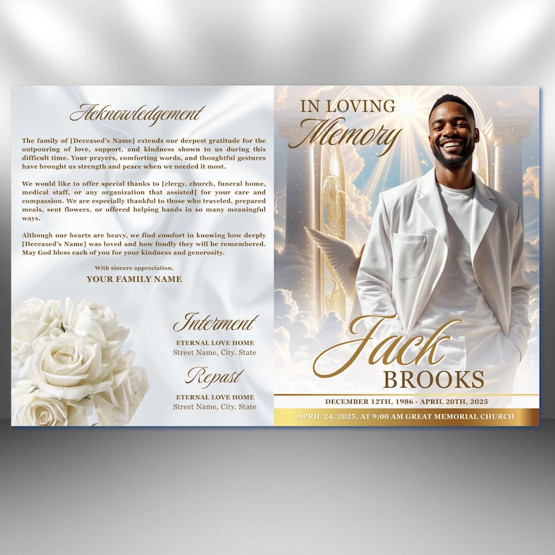 May include: A memorial card with a photo of a smiling man in a white suit. The card includes the text "In Loving Memory" and the name "Jack Brooks" with his birth and death dates. The card also has text for acknowledgements, interment, and repast.