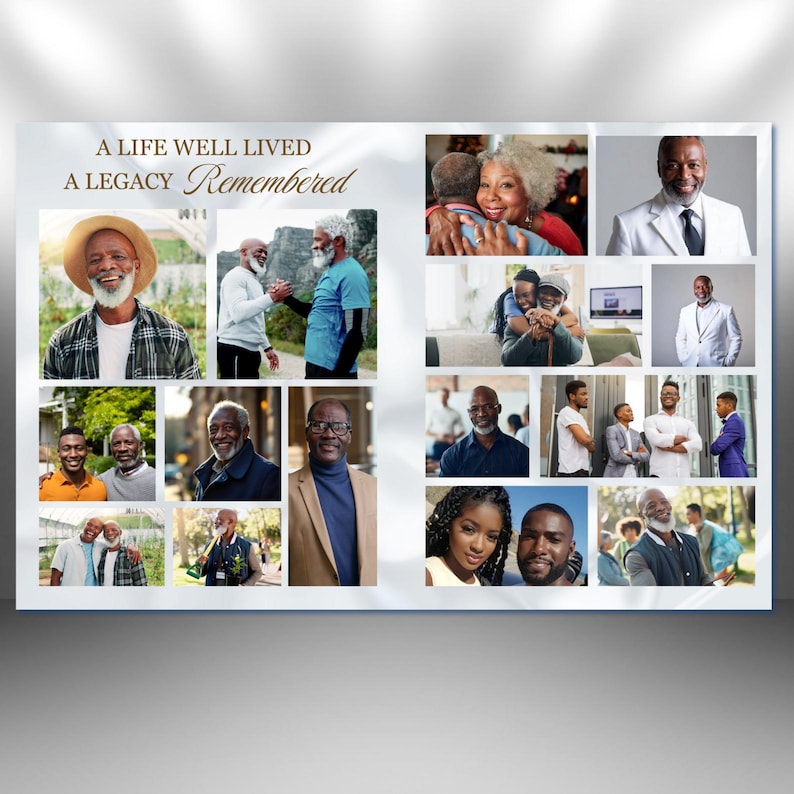 May include: A collage featuring multiple photographs of diverse individuals, predominantly older adults, in various settings. The text "A Life Well Lived, A Legacy Remembered" is displayed in elegant script. The images showcase moments of connection and joy.