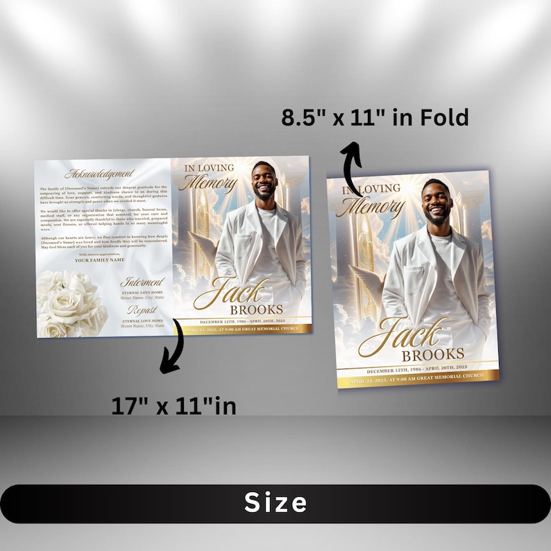May include: A memorial program with the text "In Loving Memory" and the name "Jack Brooks". The program is white and gold, with a photo of a man in a white jacket. The program measures 17 x 11 inches unfolded and 8.5 x 11 inches folded.