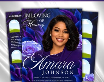 Könnte beinhalten: Eine Vorlage für ein Trauerprogramm mit einem Porträt einer Person, dem Text IN LOVING MEMORY, Amara Johnson, Daten und Ort. Das Design enthält dunkelblaue und violette Rosengrafiken, 8 Seiten und Platzhalter für Fotos mit Bogenrahmen.