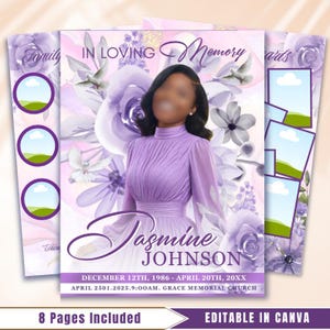 Purple Roses Funeral Program Template: 8-Page Memorial (Canva, PDF Download)
