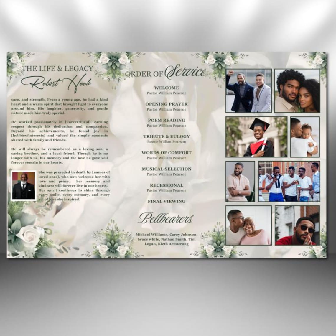 White & Green Roses Funeral Program: Trifold Memorial Template (17x11 ...
