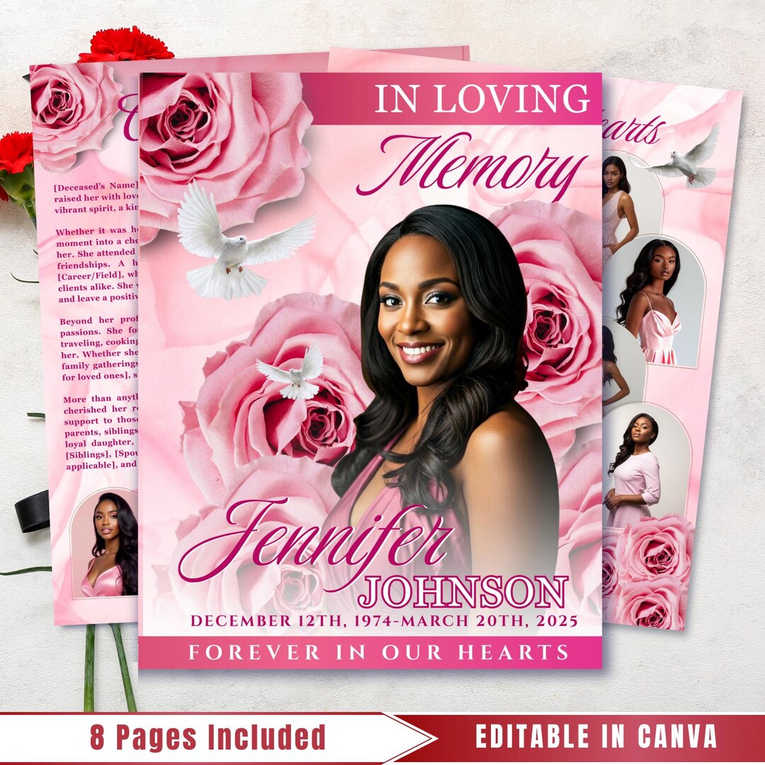 Pink Roses Funeral Program Template: 8-page Memorial, Celebration of ...