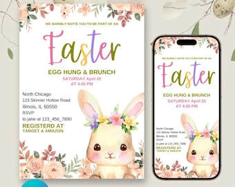 Redigerbar inbjudan till påskbrunch med kaninöron, inbjudan till påskäggjakt, inbjudan till påskbrunch med kaninfest, inbjudan till påsk med blommigt motiv