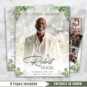 Peut inclure: Conception de faire-part de deuil avec un portrait d'un homme souriant en costume blanc, entouré de roses blanches et de colombes. Le texte "IN LOVING MEMORY" est en haut, avec le nom "Robert HOOK" et les dates en dessous. Photos et texte supplémentaires inclus.