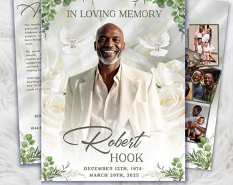 8 Page White & Green Funeral Program, 17&quot; x 11&quot; Obituary Program Template, Memorial Program, Celebration Of Life Program In Loving Memory