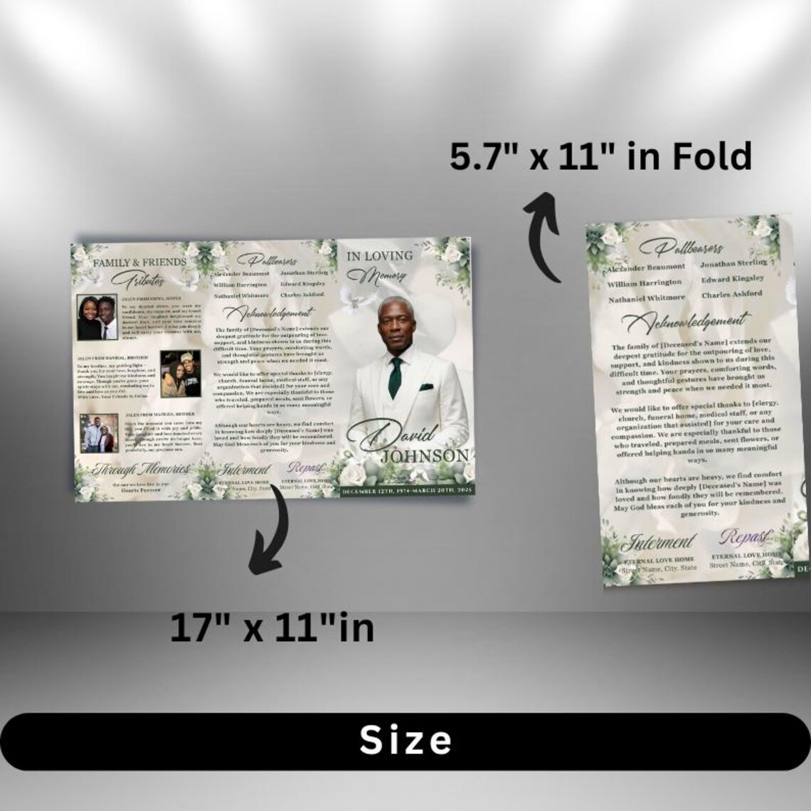 White & Green Roses Funeral Program: Trifold Memorial Template (17x11 ...