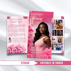 May include: A pink trifold memorial card with the text "In Loving Memory" and "Jessica Johnson." The card features a photo of a woman, pink roses, and the text "Editable in Canva."