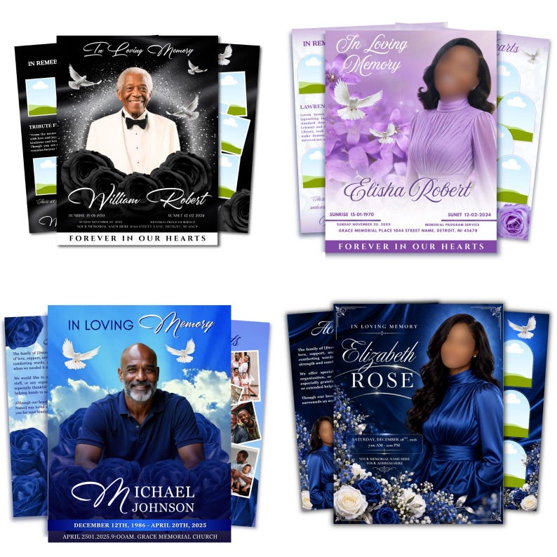 May include: A collection of four funeral program templates featuring portraits of individuals, floral accents, and white doves. Each design includes the text In Loving Memory, Forever in Our Hearts, names, and dates, presented in black, purple, and blue color schemes.