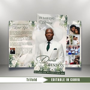 Könnte beinhalten: Eine dreifach gefaltete Gedenkkarte mit dem Text "THE LIFE & LEGACY" und "IN LOVING Memory". Die Karte zeigt ein Porträt eines Mannes in einem weißen Anzug und den Namen "David Johnson". Die Daten "DECEMBER 12TH, 1974-MARCH 20TH, 2025" sind ebenfalls enthalten.