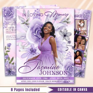 Purple Roses Funeral Program Template: 8-Page Memorial (Canva, PDF Download)