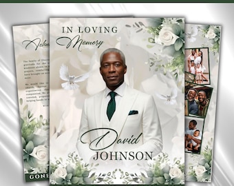 Modello di programma funebre bianco e verde: design di rose, celebrazione della vita (Canva, download PDF)