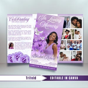 May include: A trifold memorial program with a purple and white floral design. The front panel features a photo of a woman, the name "Elisha Robert", and the phrase "Forever in Our Hearts."