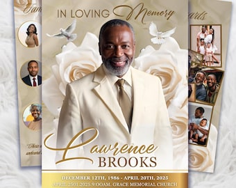Roses Funeral Program Template: Brown & White Obituary, Celebration of Life (Canva Template, PDF Download)