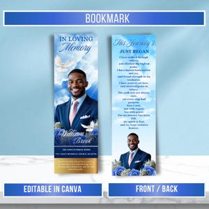 Może przedstawiać: Zakładka do książki w niebiesko-białym kolorze. Przód przedstawia zdjęcie mężczyzny, napis „In Loving Memory” i imię „William Brook”. Tył zawiera wiersz i tekst „His Journey's Just Began”.