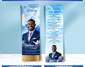 Modèle de marque-page commémoratif roses bleues et dorées : souvenir funéraire (PDF canevas)