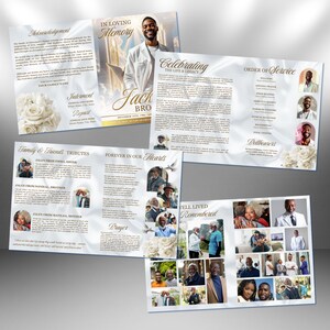 May include: A collection of memorial service brochures with a white and gold color scheme. The brochures feature photos, text, and floral accents. The text includes phrases like "In Loving Memory," "Celebrating the Life & Legacy," and "Family & Friends Tributes."