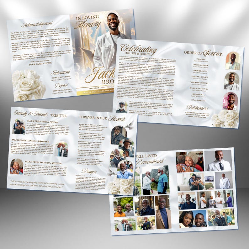 May include: A collection of memorial service brochures with a white and gold color scheme. The brochures feature photos, text, and floral accents. The text includes phrases like "In Loving Memory," "Celebrating the Life & Legacy," and "Family & Friends Tributes."