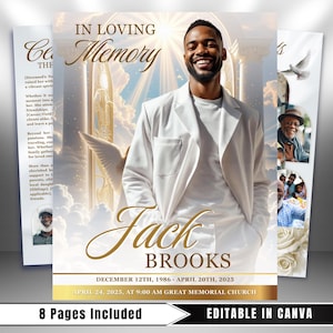 May include: A memorial service announcement with a photo of a smiling man in a white suit. The text reads "In Loving Memory" and includes the name "Jack Brooks" with dates and service details. The design features a dove and angelic imagery.