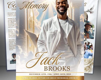 White & Gold Funeral Program Template: 8-Page Memorial (Canva, PDF)