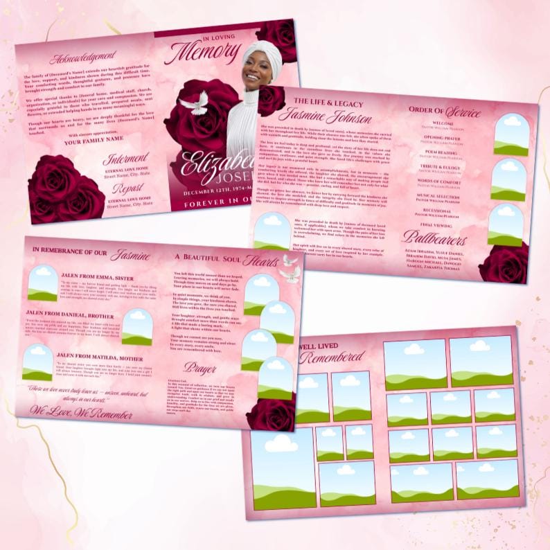 Red Roses Funeral Program Template: 8-page Memorial, Celebration of ...
