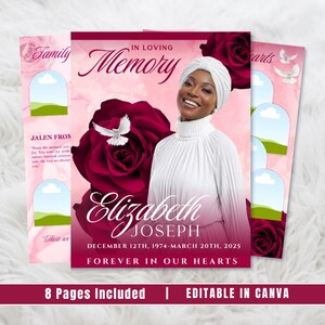 Plantilla de programa funerario de Rosas Rojas: Memorial de 8 páginas, celebración de la vida (Canva, descarga PDF)