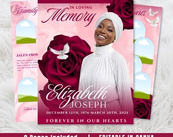 Red Roses Funeral Program Template: 8-Page Memorial, Celebration of Life (Canva, PDF Download)