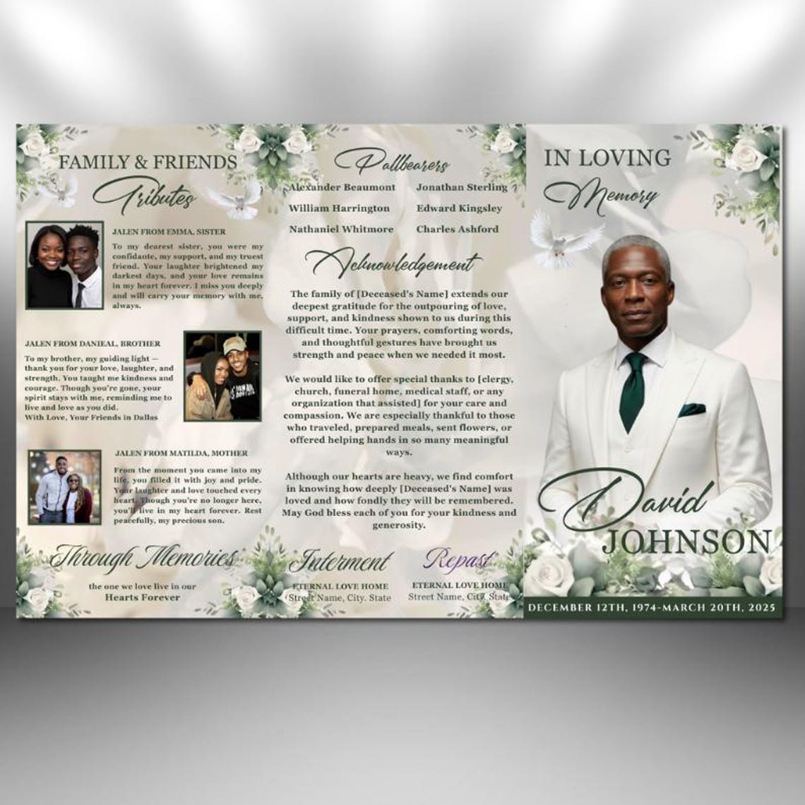 White & Green Roses Funeral Program: Trifold Memorial Template (17x11 ...