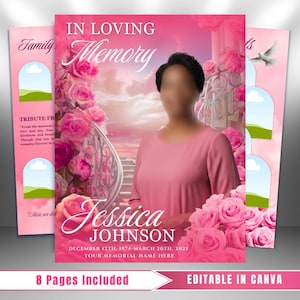 Może przedstawiać: Szablon programu pamiątkowego w różowej kolorystyce z różami, schodami i gołębiem. Tekst zawiera IN LOVING MEMORY, Jessica JOHNSON, DECEMBER 12TH, 1974-MARCH 20TH, 2025 oraz YOUR MEMORIAL NAME HERE. Projekt zawiera miejsca na zdjęcia.