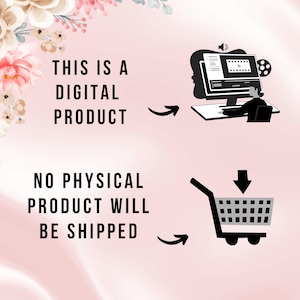 K&ouml;nnte beinhalten: Ank&uuml;ndigung eines digitalen Produkts auf rosa Hintergrund mit floralen Akzenten. Der Text lautet "THIS IS A DIGITAL PRODUCT" und "NO PHYSICAL PRODUCT WILL BE SHIPPED." Illustrationen eines Computers und eines Einkaufswagens.