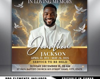 White & Gold Funeral Announcement Flyer: Celebration of Life (Canva Template Digital Download