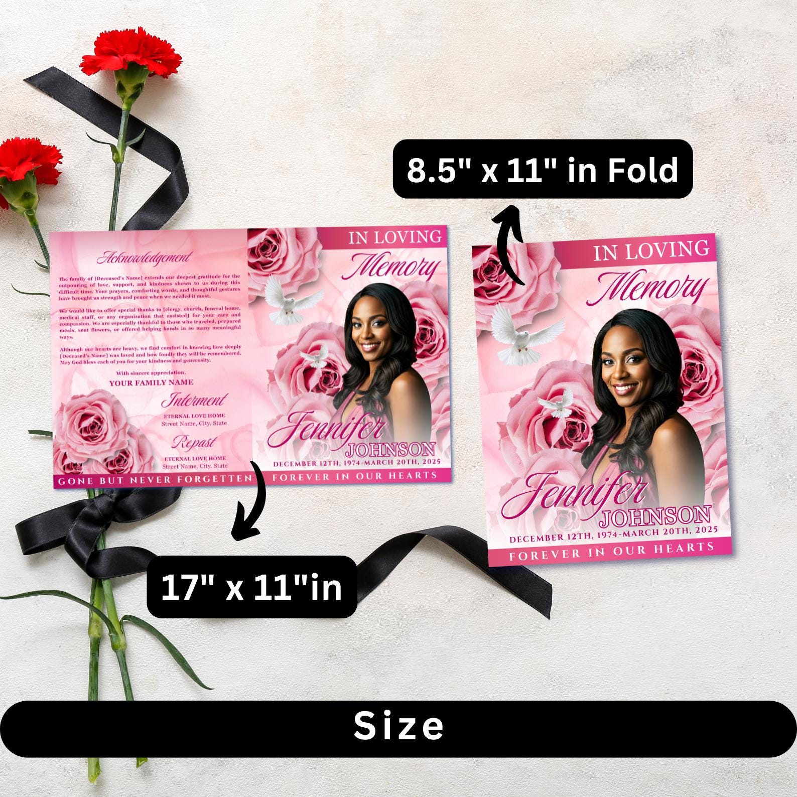 Pink Roses Funeral Program Template: 8-page Memorial, Celebration of ...