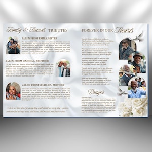 May include: A memorial card with a gold script title "Family & Friends Tributes" and "Forever in Our Hearts." It features photos, poems, and the names Jalen, Emma, Danieal, and Matilda. White doves are also featured.