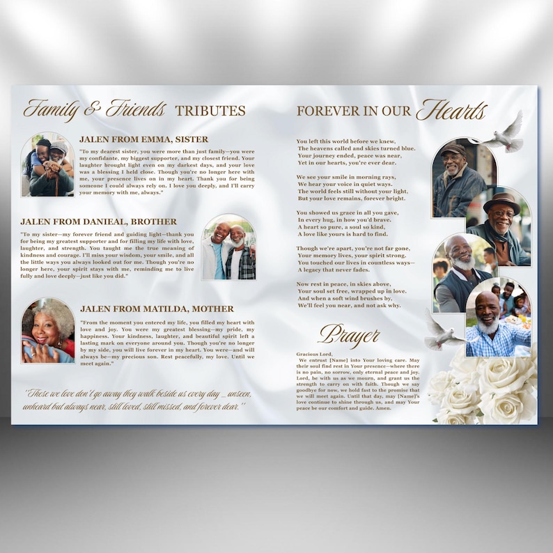 May include: A memorial card with a gold script title "Family & Friends Tributes" and "Forever in Our Hearts." It features photos, poems, and the names Jalen, Emma, Danieal, and Matilda. White doves are also featured.